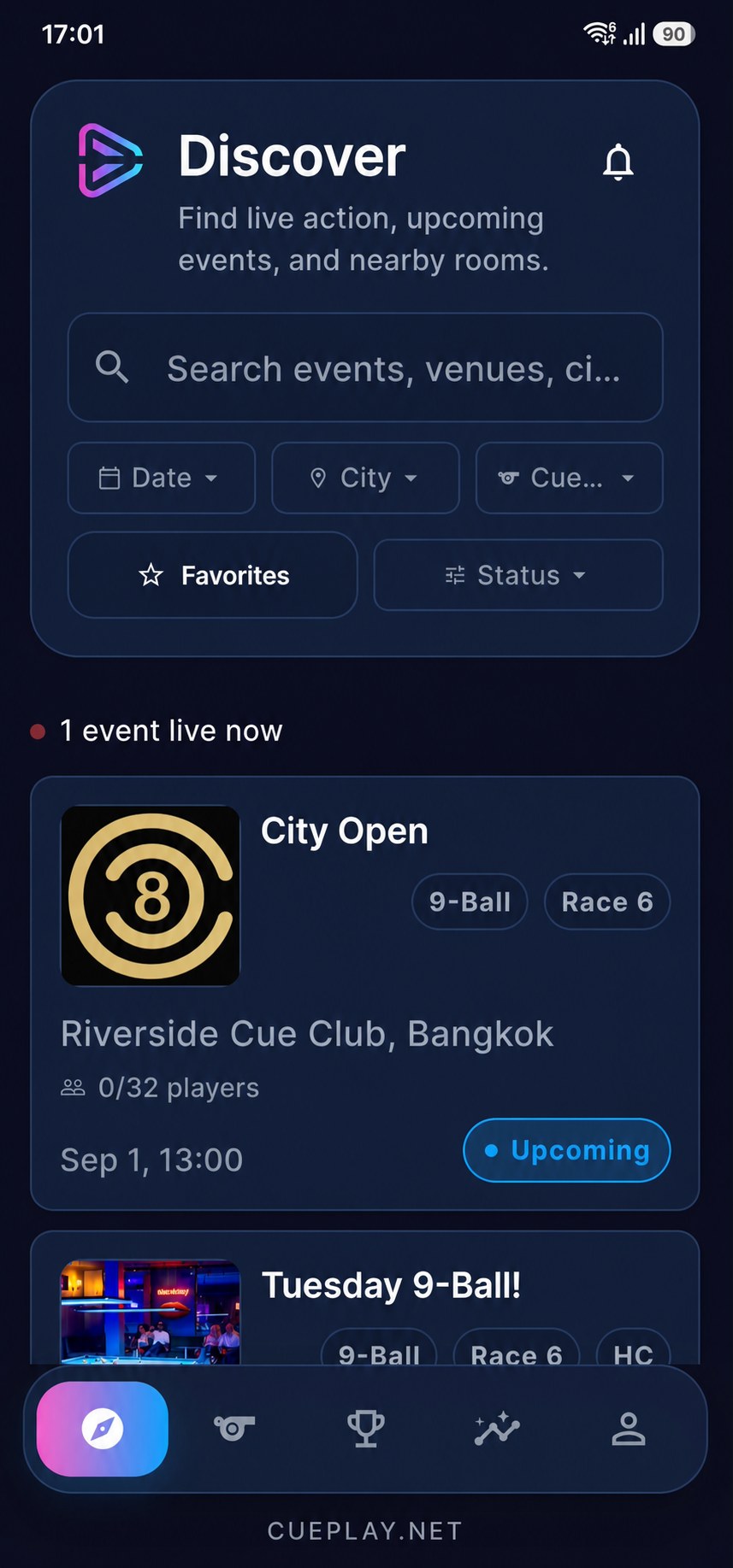 CUE PLAY app Discover screen with events and player activity