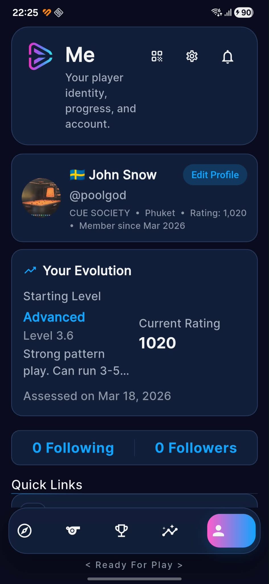 CUE PLAY player profile screen