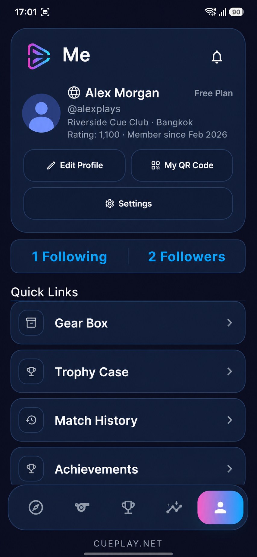 CUE PLAY player profile screen