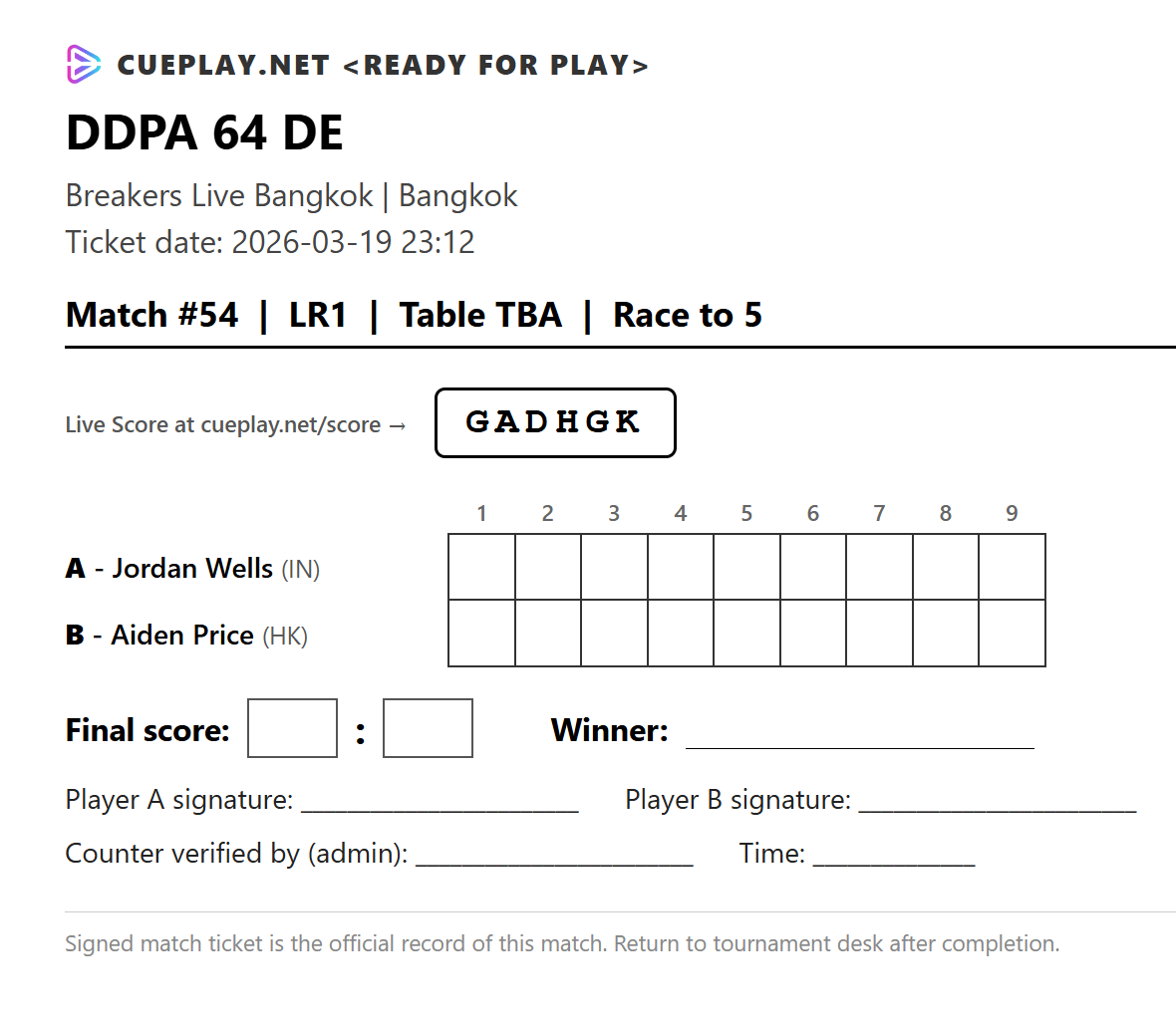Printed match ticket